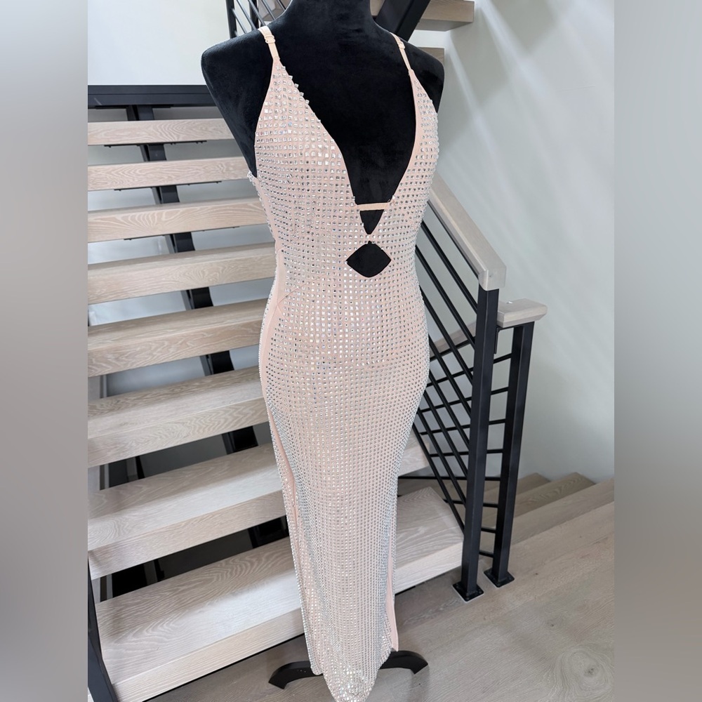 New Hanlterneck Beige Hollow rhinestone Evening Wedding Cocktail Dress size S - Picture 6 of 10